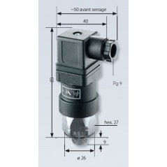 Pressostat à contact inverseur, tarage jusque 100 bar, 250 V maxi, G1/4 mâle, connecteur EN 175301 (DIN 43650) avec mesures