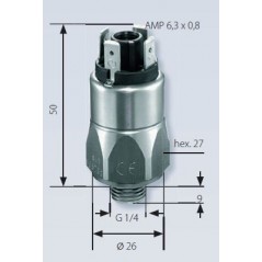Pressostat à contact inverseur, tarage jusque 100 bar, 250 V maxi, G1/4 mâle, corps inox pour applications eau avec mesures