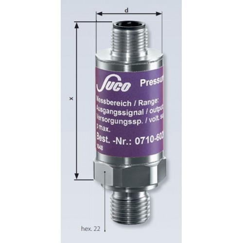 Transmetteur de pression 0...10 V (3 fils), mesure jusque 600 bar, G1/4 mâle DIN 3852-A, acier inox, vue de face avec mesures